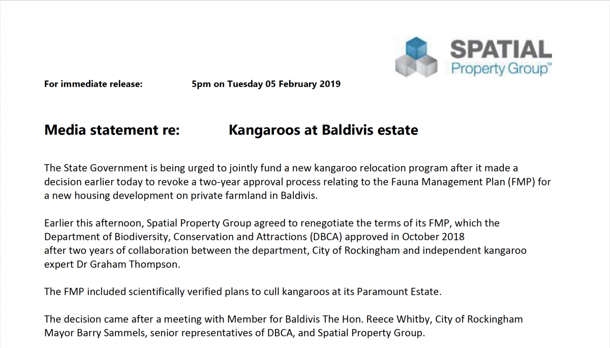 Kangaroos at Baldivis Estate Media Statement Update